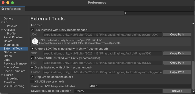 Preferences window showing external tools settings for Android