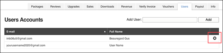 每行显示用户的电子邮件和全名,并在右侧显示一个删除图标