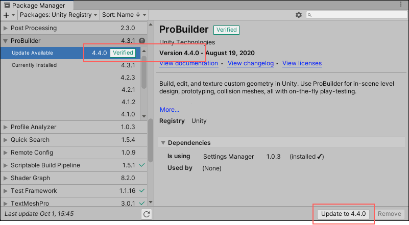 出现在详细信息窗格的版本,以及匹配列表中的选定版本的 **Update** 按钮