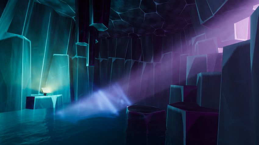 A HDRP sample scene of an icy cave partially submerged in water, with purple light rays shining through a gap and a glowing treasure chest on a ledge.