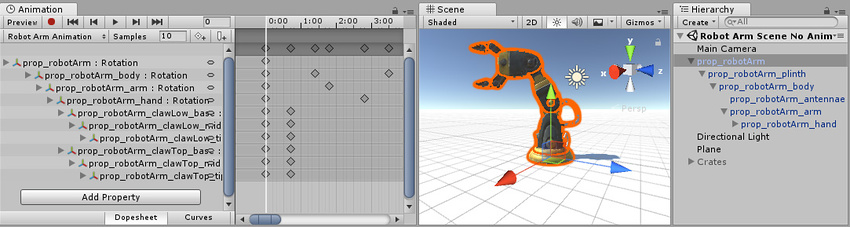 Animation view displays the animated properties of the selected GameObject.