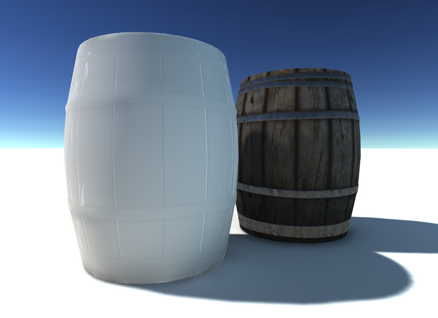 The barrels in this image have baked Non-directional lightmaps.