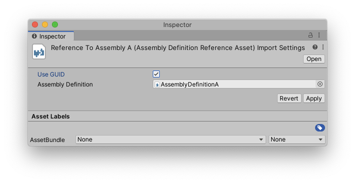 An Assembly Definition Reference asset in the Inspector.