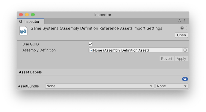 The Inspector window displays the properties of the selected Assembly Definition Reference asset.