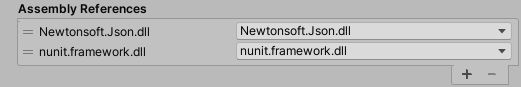 The Assembly References section of the Assembly Definition importer Inspector window with configured references to Newtonsoft JSON and NUnit libraries.