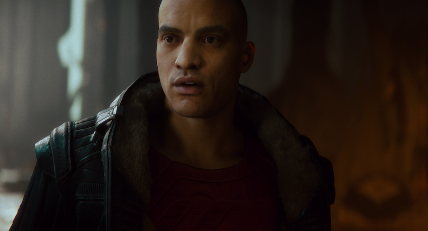 A closeup view of a humanoid model.