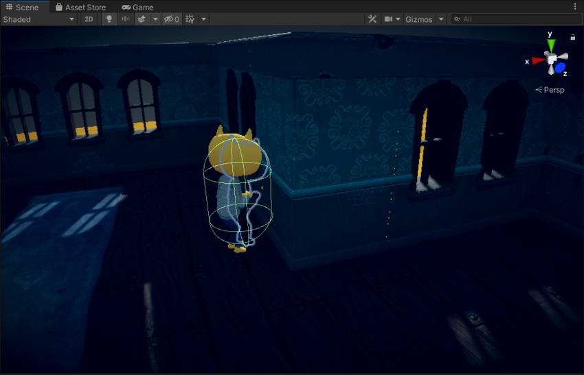 The Player character has a capsule collider component that uses the Physics system to allow the character to collide with the walls. 