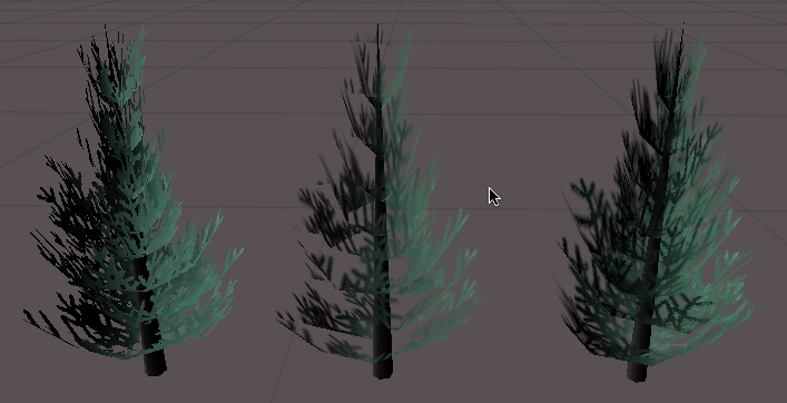 Left: alpha testing. Middle: alpha blending. Right: combination of alpha testing and alpha blending.