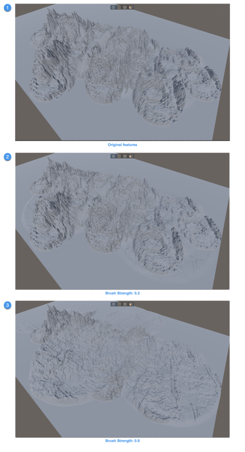 The image shows an original mountain range, and the impact of two different Brush Strength values: 0.2 and 0.8.