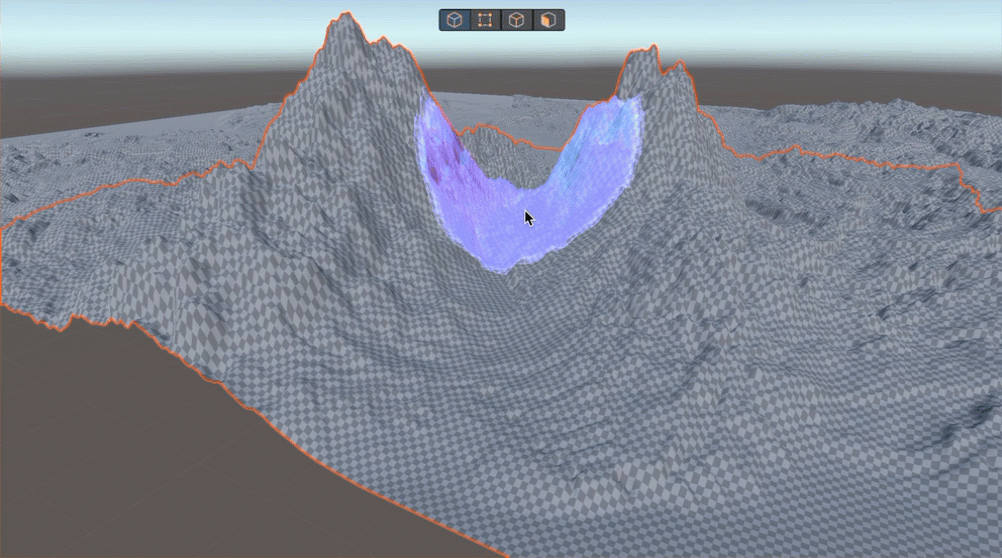 An example of the Pinch tool closing the gap between two mountains to create a narrow pass