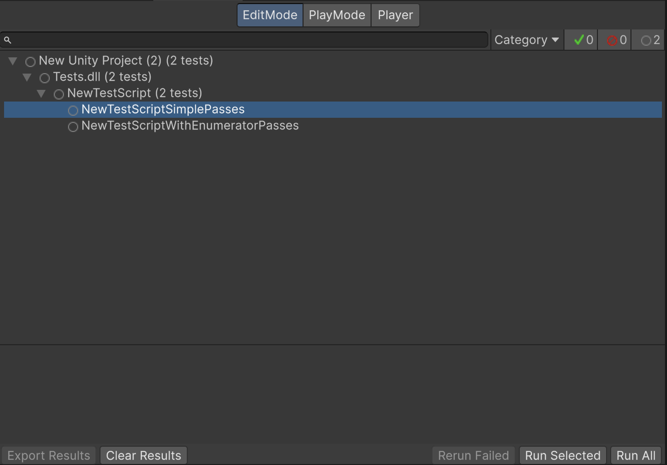 The Test Runner window displays the sample tests from the NewTestScript file.