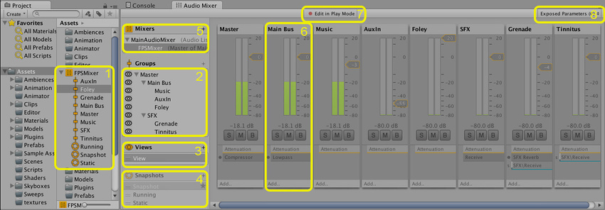 The Audio Mixer view, including the Asset (1), Hierarchy view (2), Mixer views (3), Snapshot panel (4), Ouput Audio Mixer (5), AudioGroup strip view (6), Edit in Play mode (7) toggle, and Exposed Parameters (8) toggle.