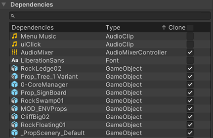 The Inspector window displays the Dependencies section of the properties for a scene template asset.
