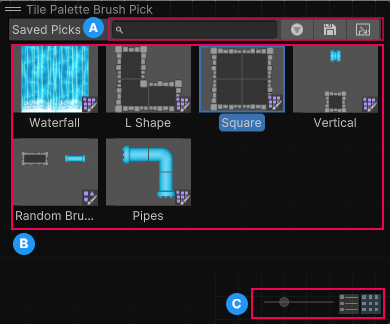 The Tile Palette Brush Pick overlay layout with three areas outlined and referenced as A, B, and C.