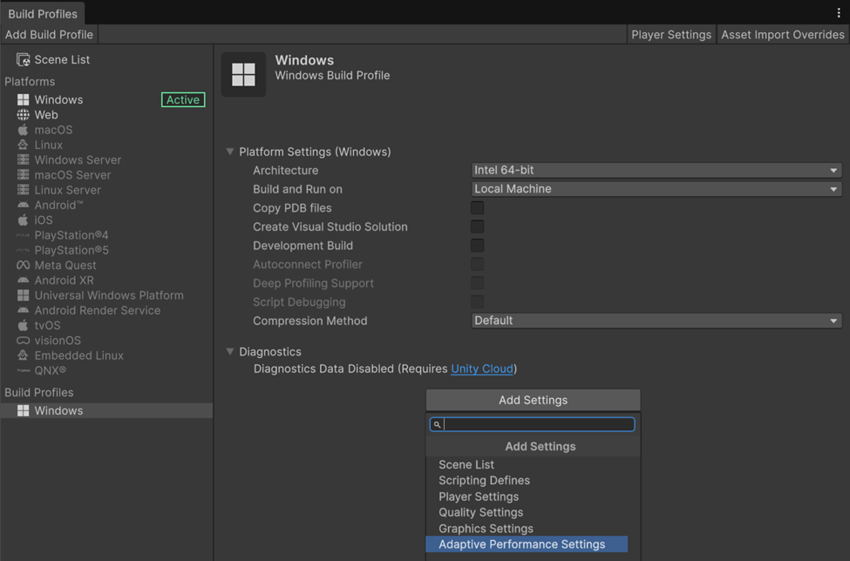 The Build Profiles window with a build profile selected and Adaptive Performance settings added via the Add Settings option.