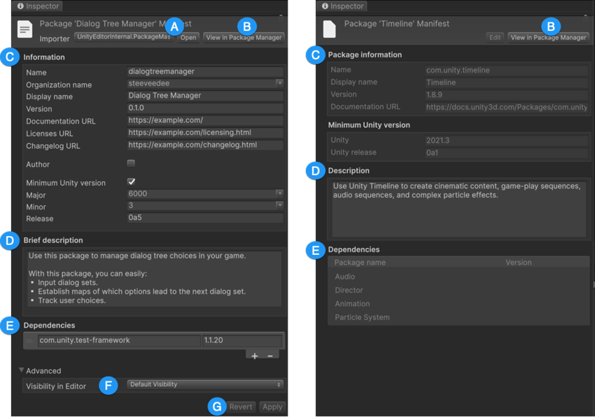 The Package Manifest window for a mutable package (left) and an immutable package (right)