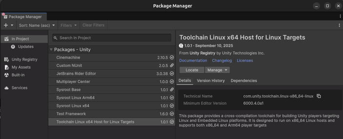 Package Manager window with Embedded Linux toolchain package