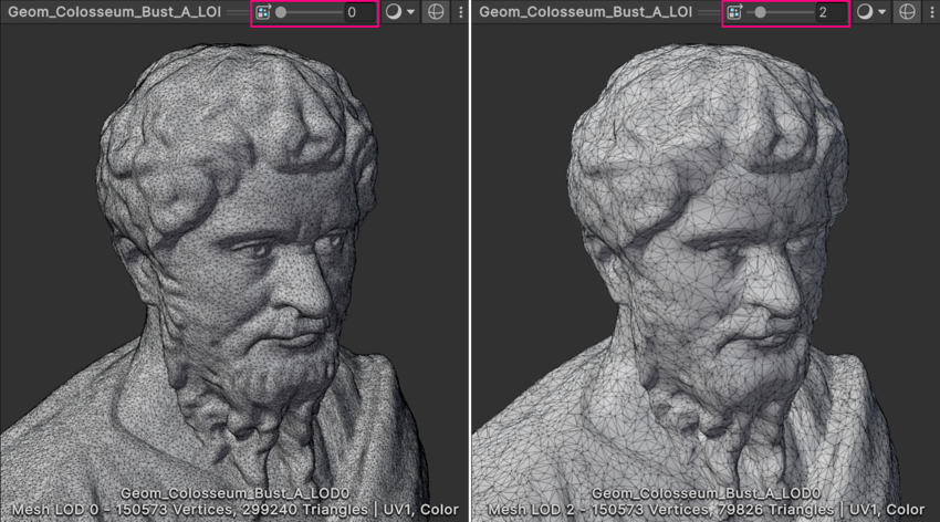Mesh Inspector window with LOD slider.