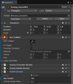 A prefab instance Inspector with an added Box Collider component as an override, indicated with a plus badge on its icon (highlighted). The Max Health property on the Health script also has an override, indicated in bold and with a blue line to the left of the property.