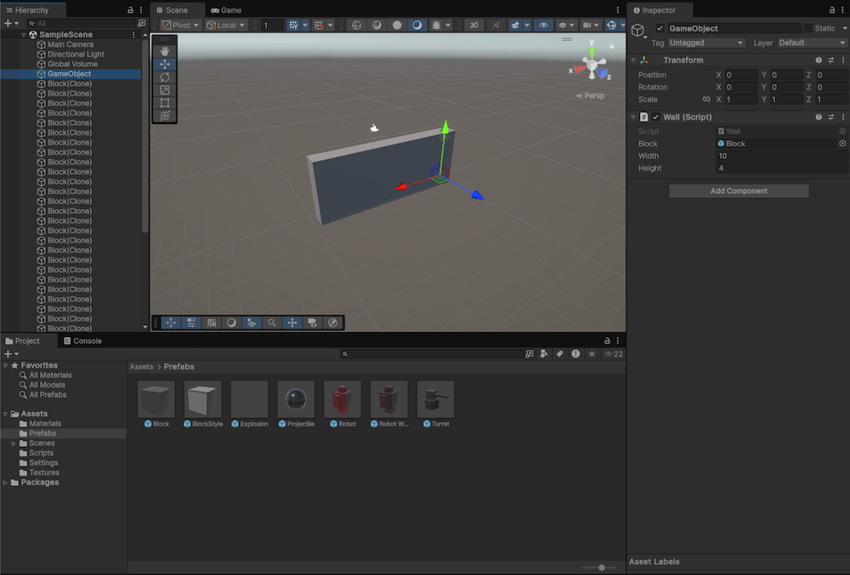 A wall built from 4 rows of 10 blocks. The empty GameObject is selected in the Inspector, with the Block prefab asset assigned to the Block field.