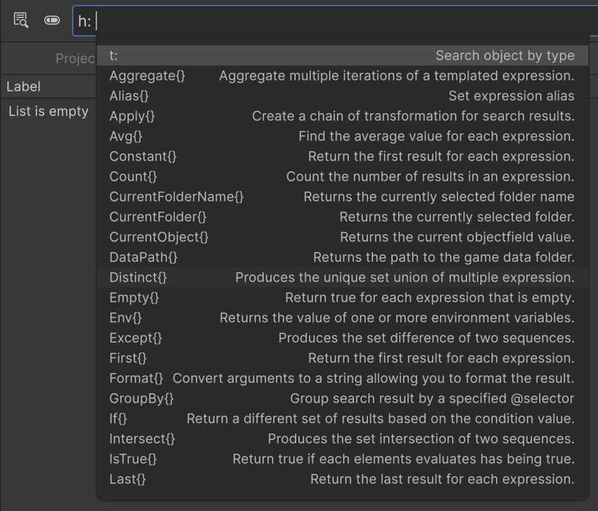 The Search window showing a textual query with autocomplete suggestions