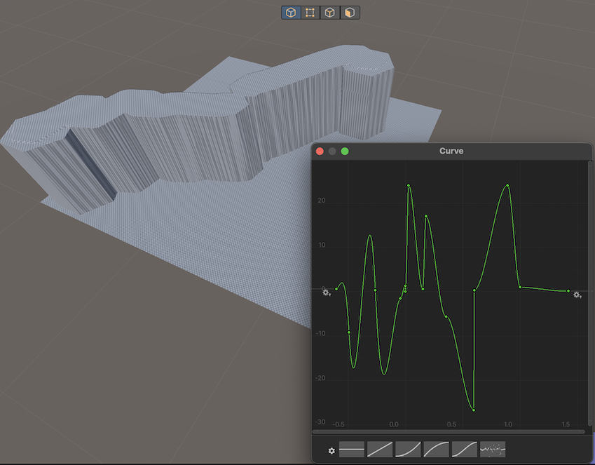 A complex Horizontal Offset Profile creates a zig-zagging path. The bridge goes to the left and right of its center line, based on how far above or below y=0 the curve is.