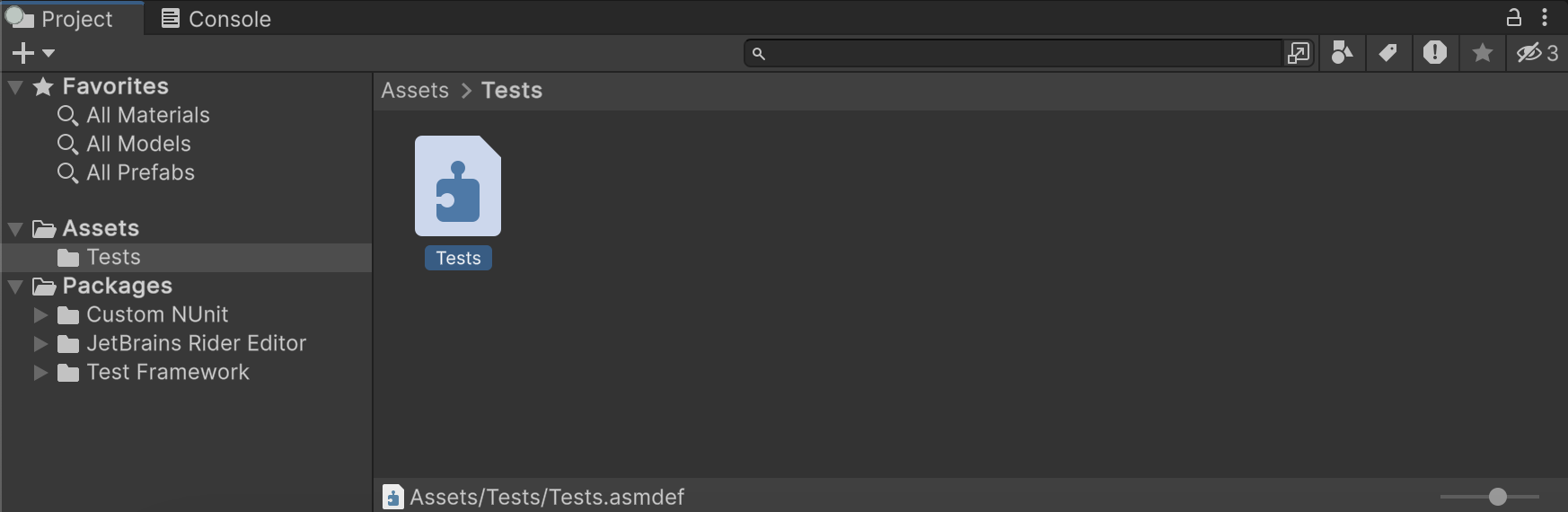 The Project window displays a new subfolder of the Assets folder called Tests, which contains an assembly file called Tests.asmdef.
