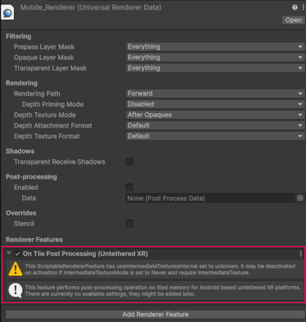 On-tile post-processing highlighted in the Inspector window.
