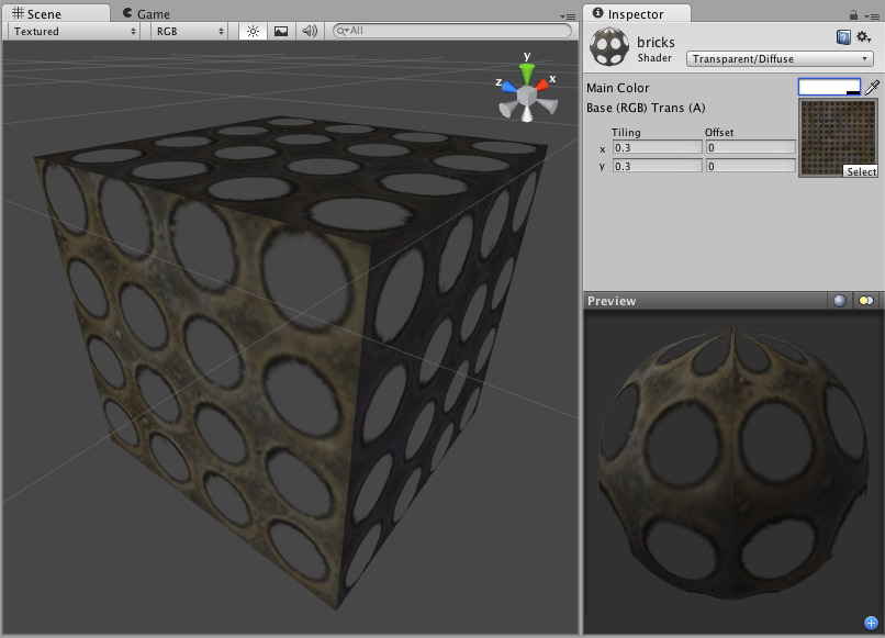 Example of a shader using the alpha channel of the main texture, and a diffuse lighting model.